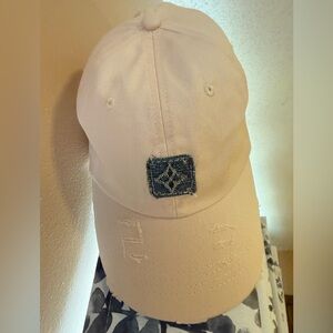 Spark*l Cream Cap with LV denim Quatrefoil patch
